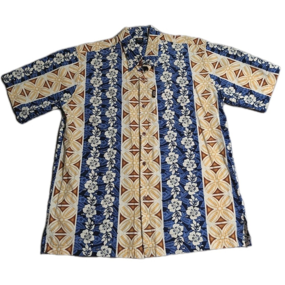 Reef Hawaiian Camp Shirt Mens Medium Blue Floral Tiki Aloha Button Up Shirt